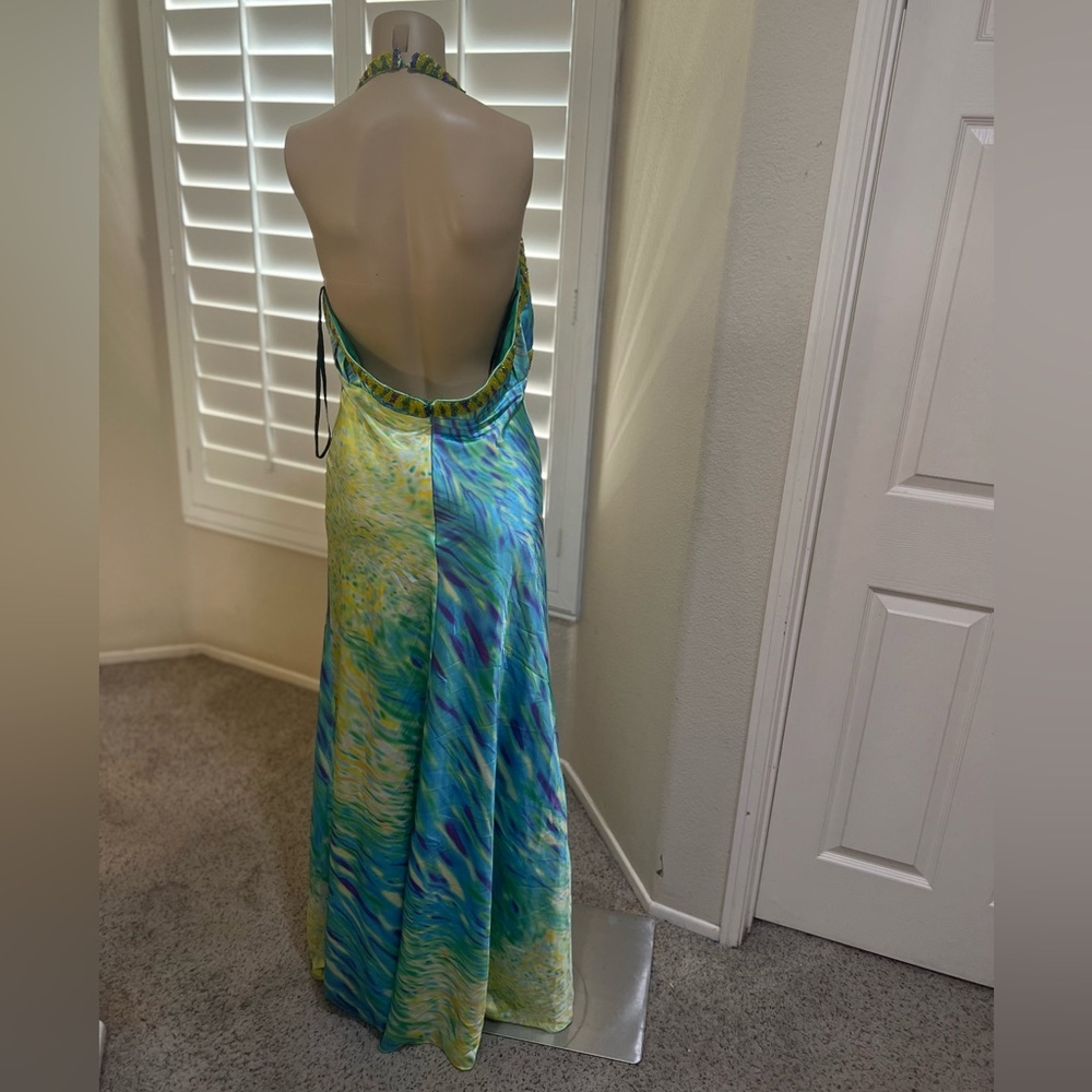 Green Blue satin Open Back Beaded formal Long Gown Dress Fairy Whimsical Sz M‎